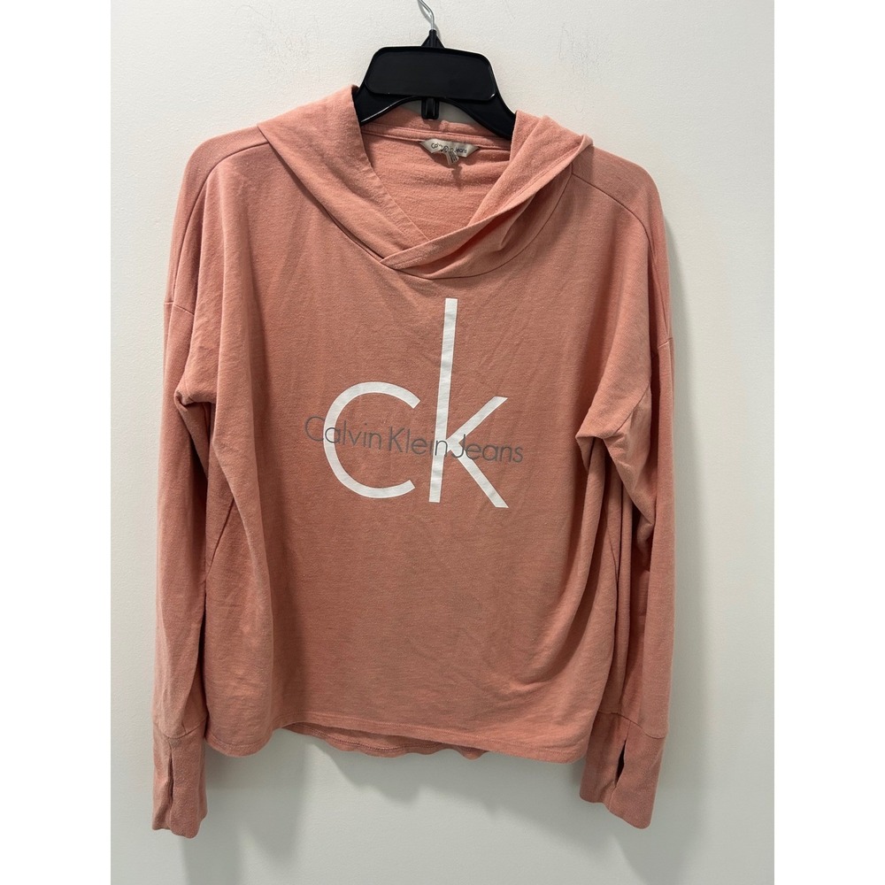Calvin Klein Jeans Womens Medium Peach Logo Hoodie Long Sleeve Thumbhole Top